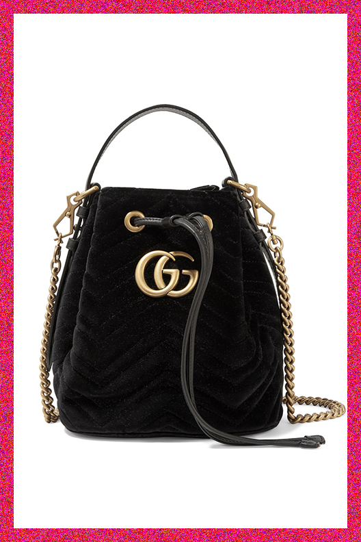 GUCCI GG Marmont leather-trimmed quilted velvet bucket bag